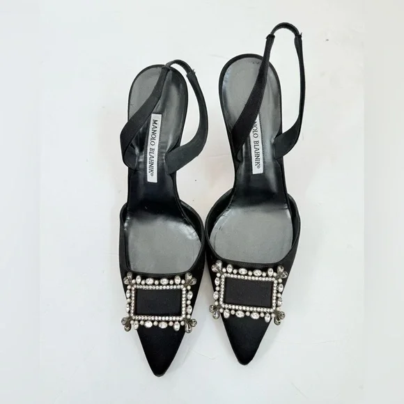Manolo Blahnik Black Satin Leather Crystal embellishedslingback pumps EU 38.5
